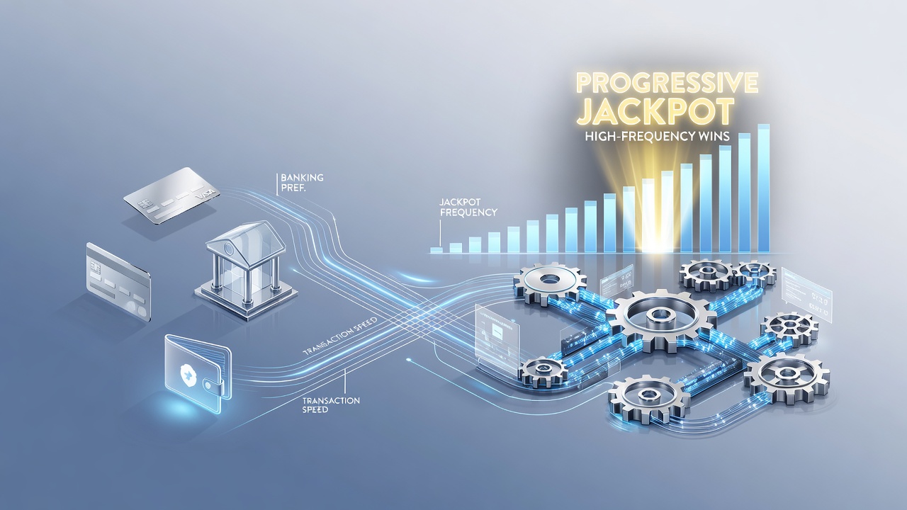 Slot network dashboard displaying banking method selections alongside progressive jackpot hit rates and payout timelines