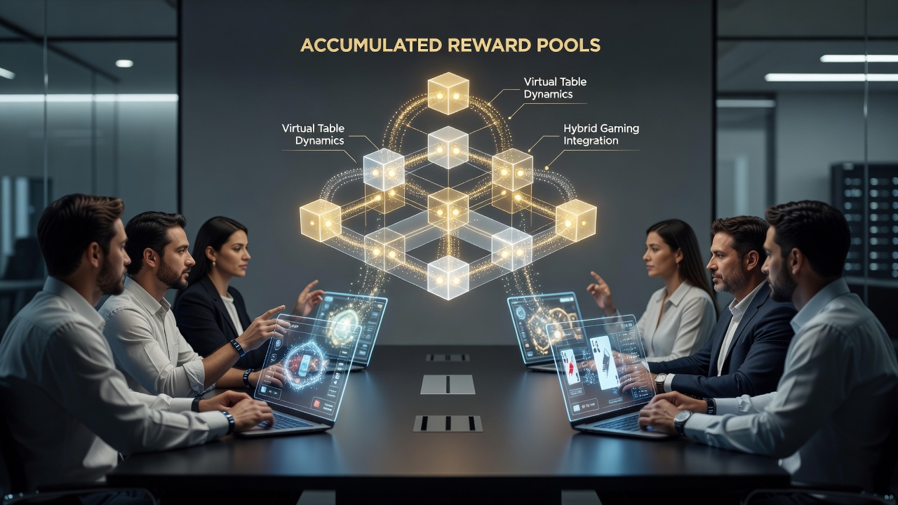 Illustration of virtual poker table integrated with reward pool mechanics in a hybrid gaming interface