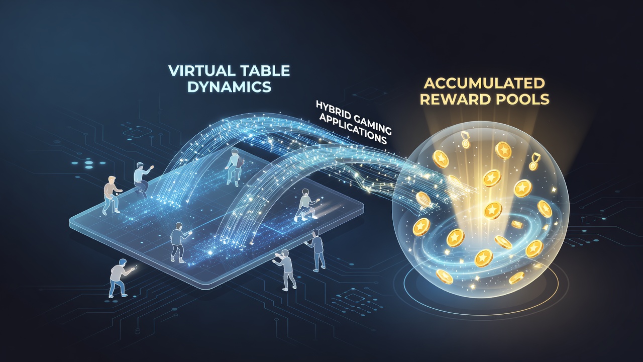 Diagram showing reward pool flow between virtual tables and hybrid application servers