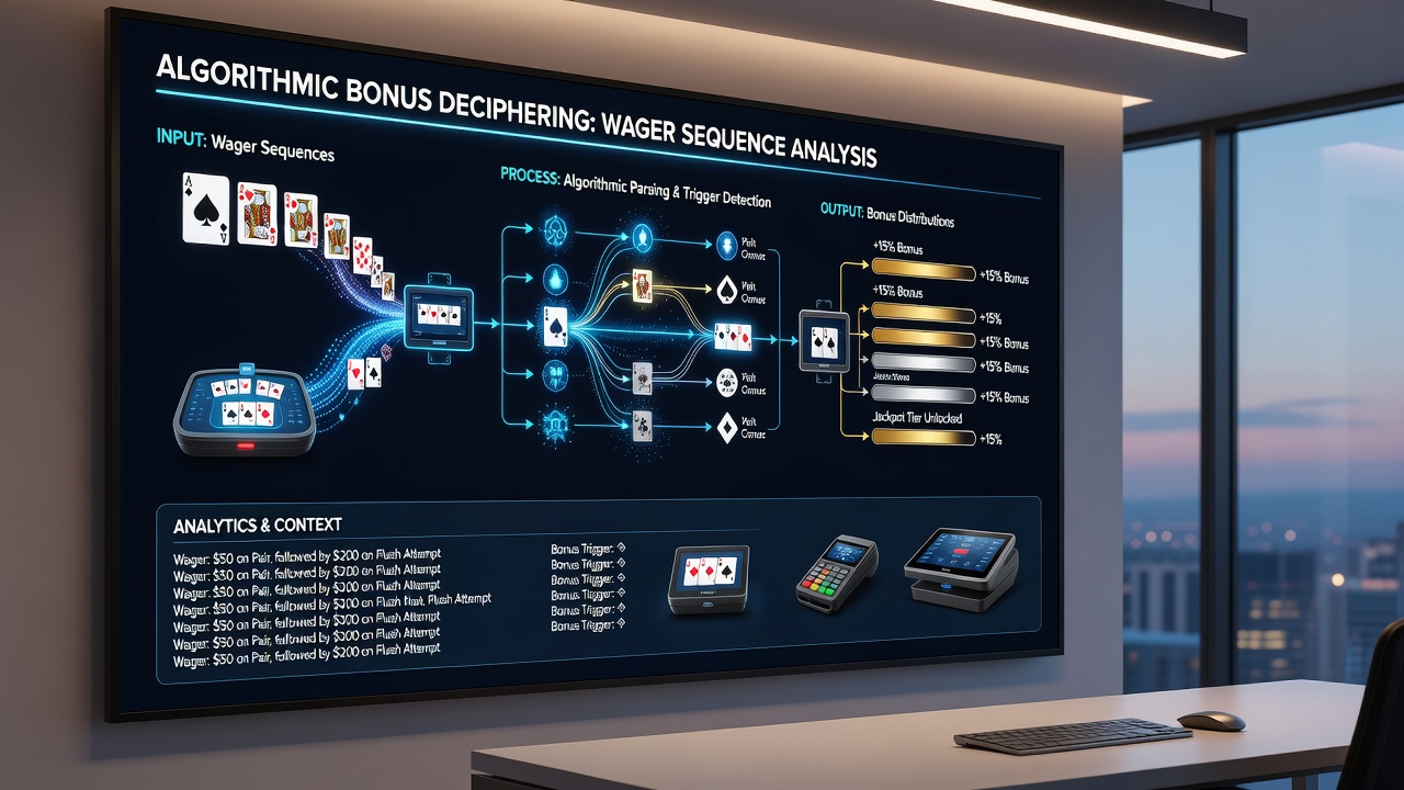 Data visualization of wager sequences triggering algorithmic bonuses in electronic card rooms