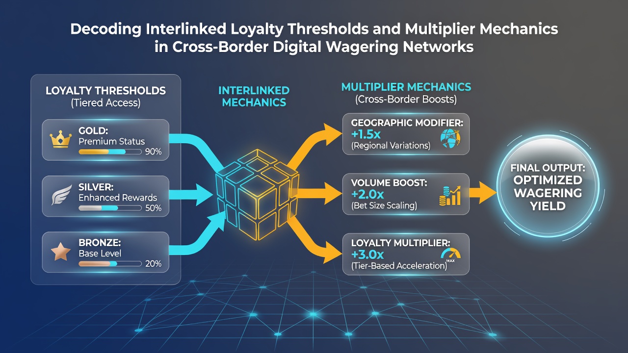 Multiplier mechanics diagram illustrating point scaling across international wagering platforms and loyalty tiers