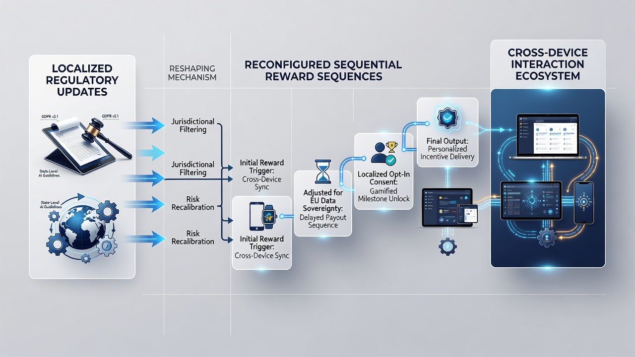 Diagram illustrating regulatory impacts on reward sequence flow across multiple devices in table gaming