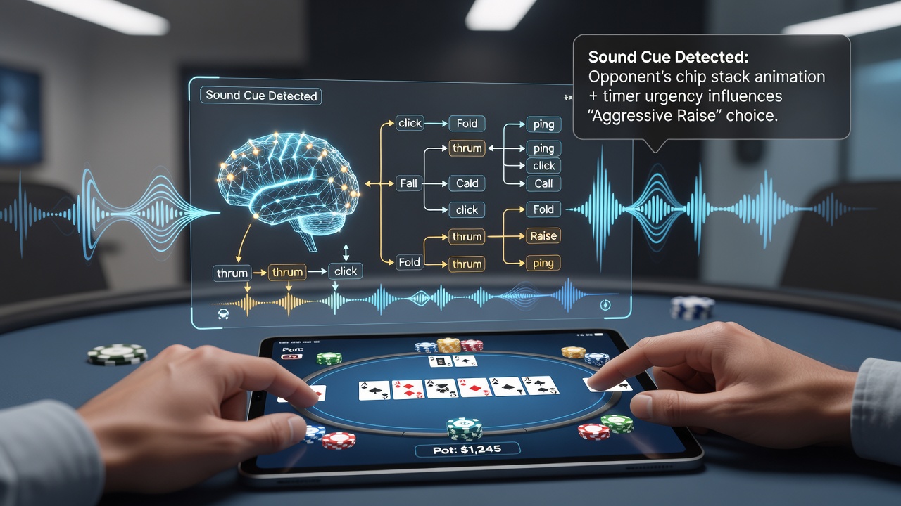 Close-up view of poker app hand with highlighted sound wave indicators representing audio feedback during strategic decisions