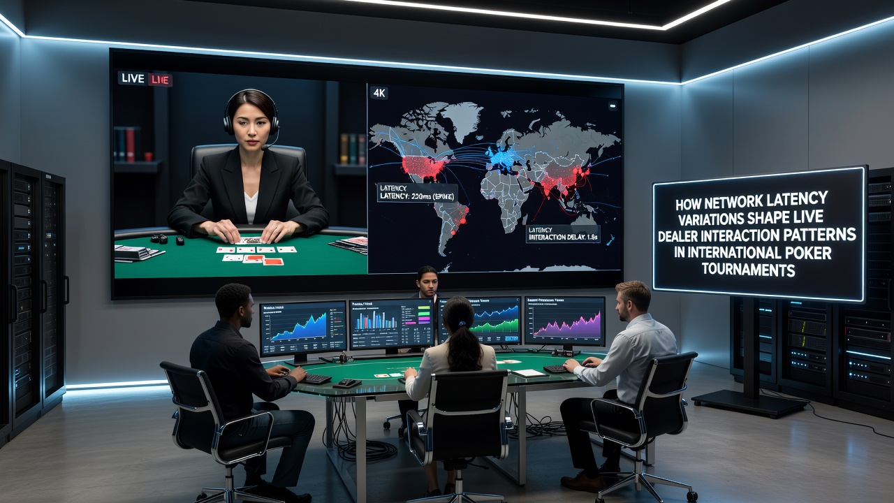 International poker tournament participants monitoring live dealer feeds with varying latency