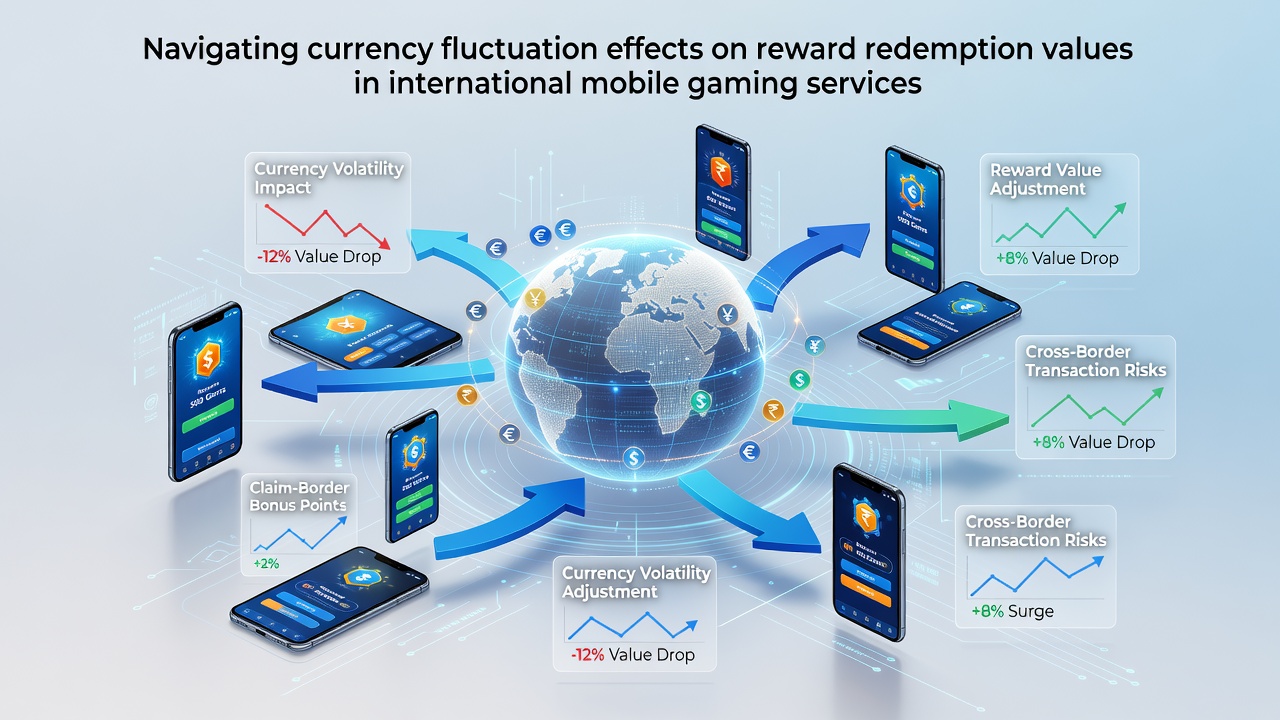 Global currency exchange charts overlaid on mobile gaming interfaces showing reward point conversions across borders