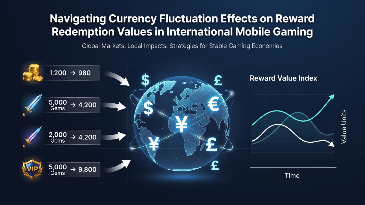 Mobile device displaying reward redemption screen with multi-currency conversion indicators and exchange rate alerts