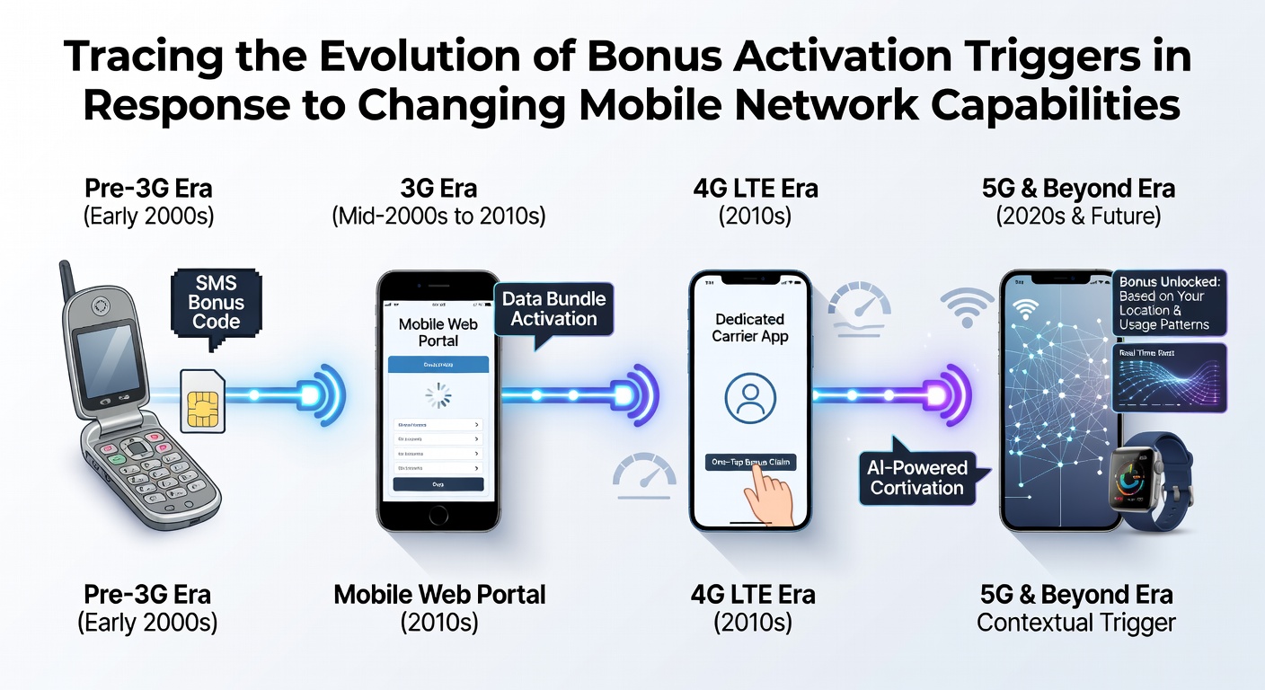 Mobile network evolution diagram showing bonus trigger progression from 3G to 5G eras